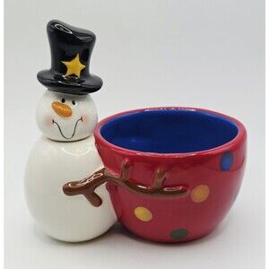 Ganz Bella Casa Dip Bowl and Snowman Spreader Ceramic Red And Blue Holiday